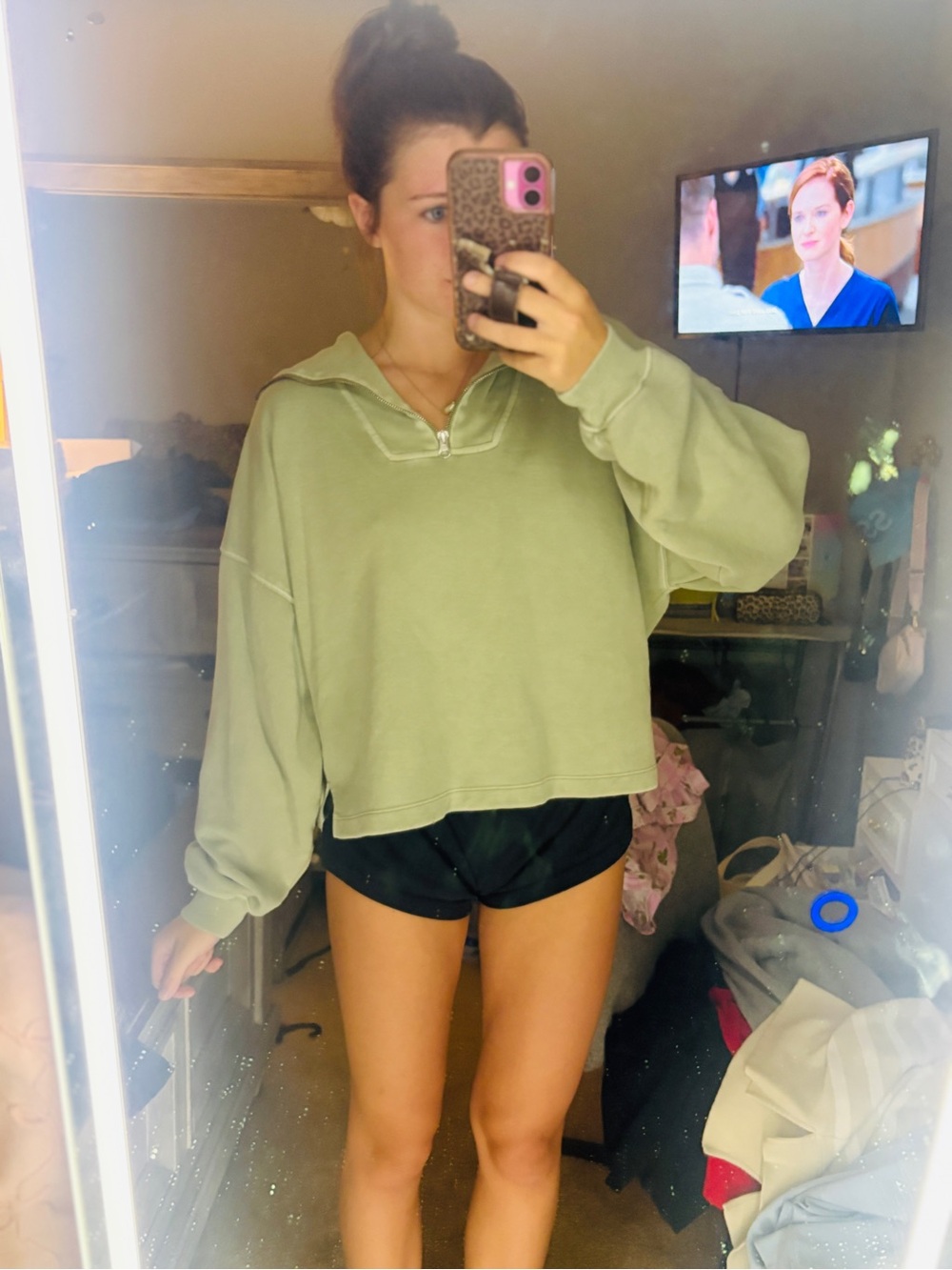 GAP Sage Green Cropped Half-Zip Button Down Sweatshirt - Women